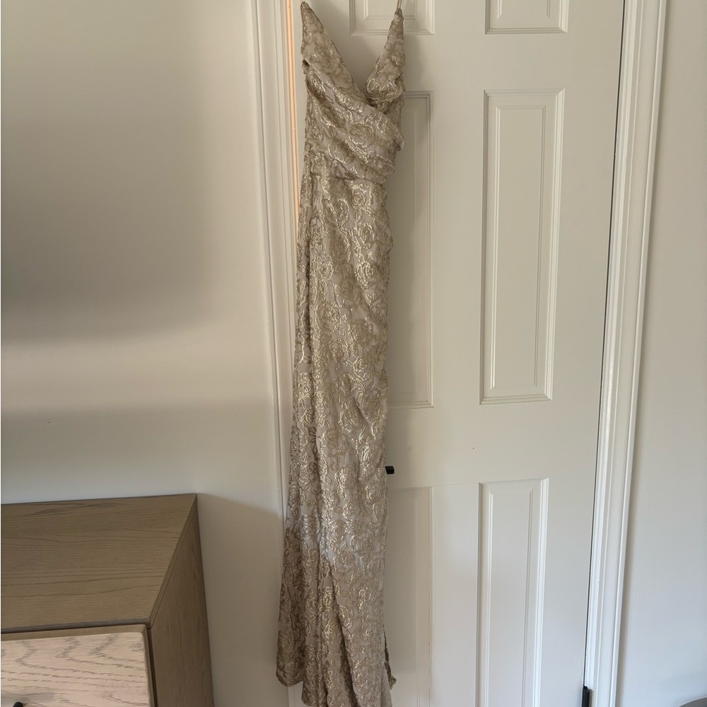 Gold sequin strappy gown with floral detail